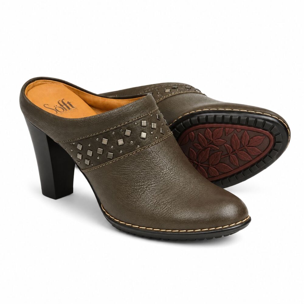 Söfft Soleil Leather Studded Heeled Mule Clogs Size 8.5 Medium Slip On